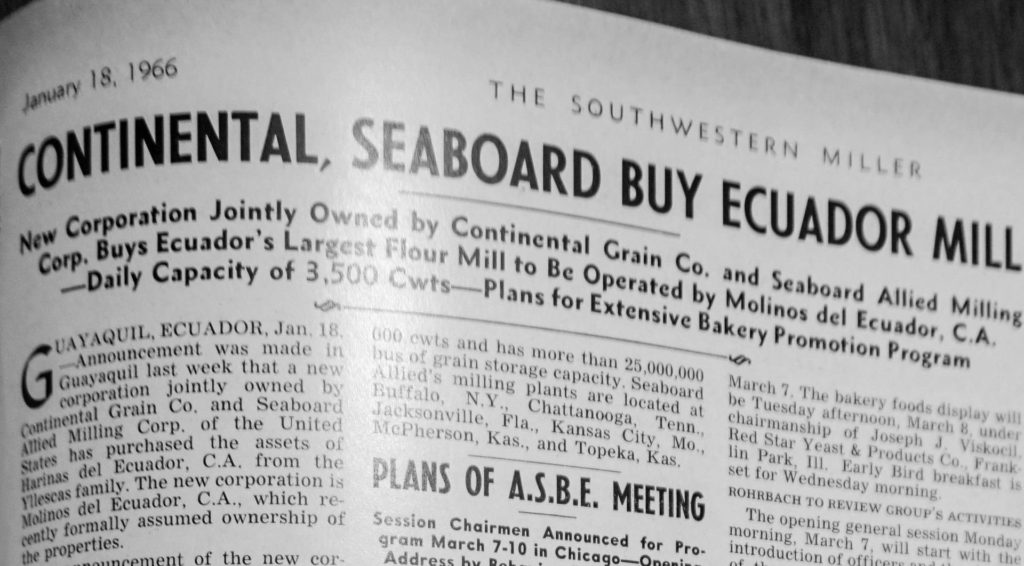 Acquired a flour mill in Guayaquil, Ecuador, in a joint venture with Continental Grain Company, marking first overseas operation.