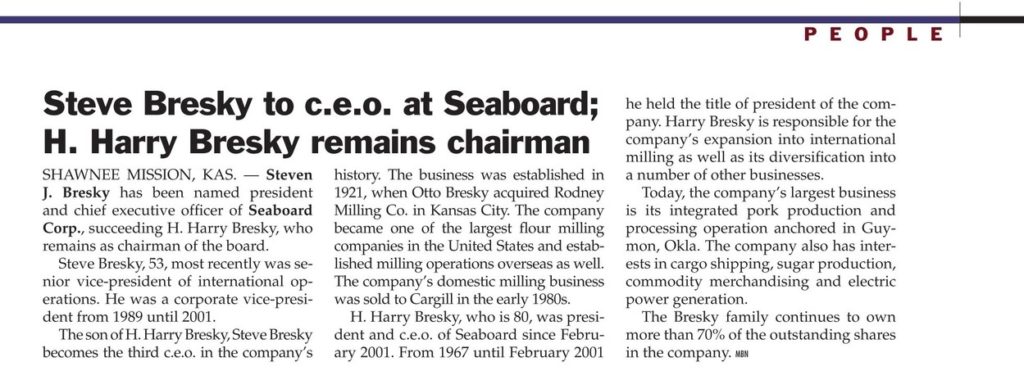 Founder Otto Bresky retired as Chairman and member of the Board of Directors; succeeded by his son, H. Harry Bresky.